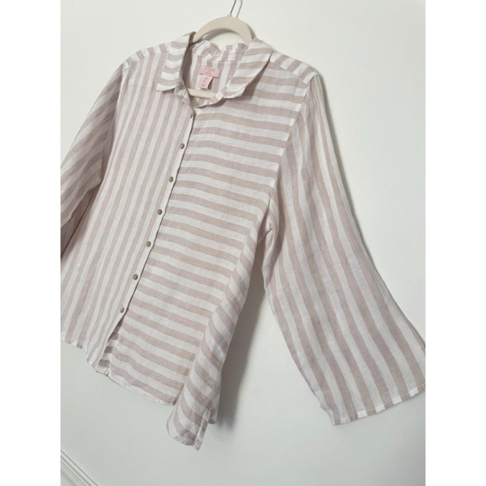 St. Tropez 100% Linen Neutral Beach Minimalist Button Shirt Women’s Large d128 - Picture 5 of 12